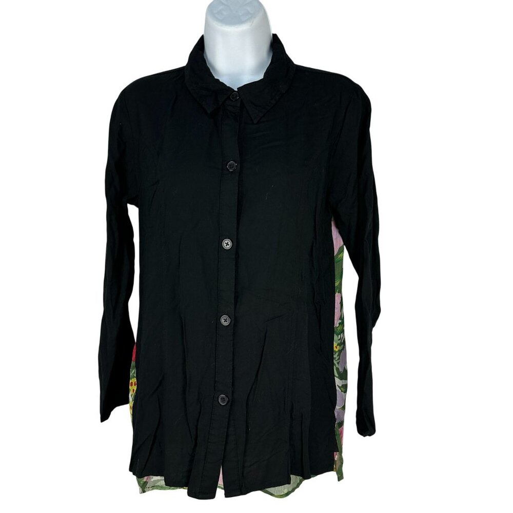 Kaktus S Black Button Front Long Sleeve Blouse Floral Contrast Back Panel Womens